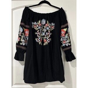 Free People Dress Womens Small Off Shoulder Black Embroidered Boho Festival